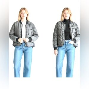 The Great.  Quilted Jacket Reversible Cotton Floral/Pinstriped Grey/White Size S